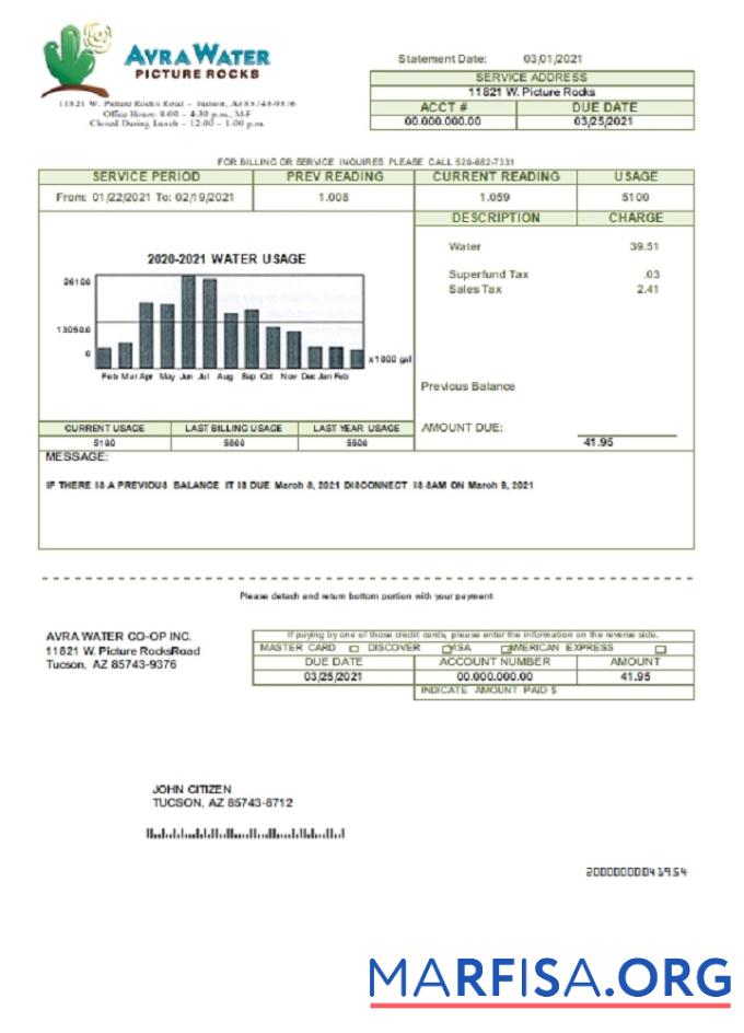 Downloadable USA Arizona Avra Water utility bill template in Word and PDF format